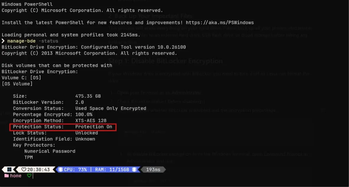 BitLocker Status Command Output